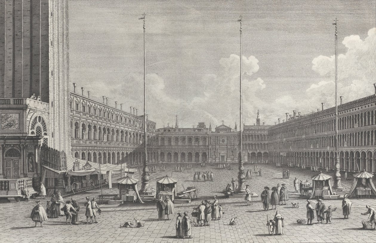 Veduta di Piazza San Marco, con la chiesa di San Geminiano in fondo, e figure e..., 1763 da Giovanni Battista Brostoloni