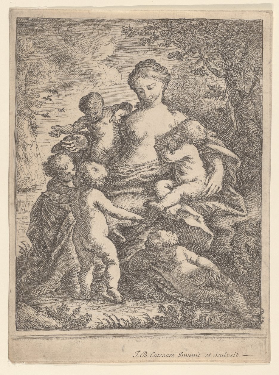 Carità, seduta in un paesaggio circondata da cinque bambini nudi, 1692-1727 da Giovanni Battista Catenaro
