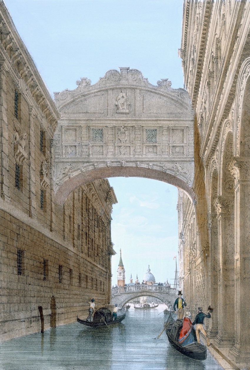 Gondole che passano sotto il Ponte dei Sospiri da Giovanni Battista Cecchini