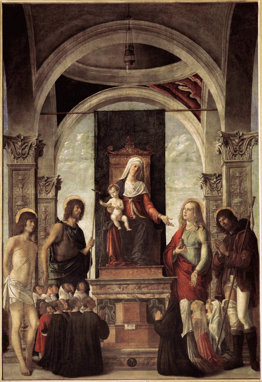 Sacra conversazione, vergine con bambino circondata da San Giovanni Battista, San Sebastiano, San Rocco, Santa Maria Maddalena da Giovanni Battista Cima da Conegliano