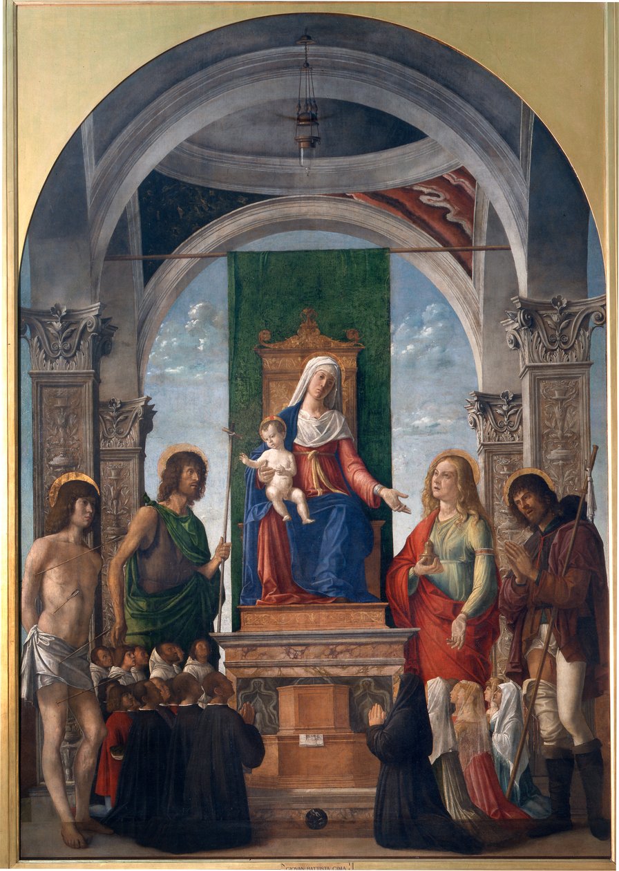 Madonna e Bambino in trono con San Sebastiano, San Giovanni Battista, Santa Maria Maddalena, San Rocco e Membri della Confraternita di San Giovanni Evangelista da Giovanni Battista Cima da Conegliano