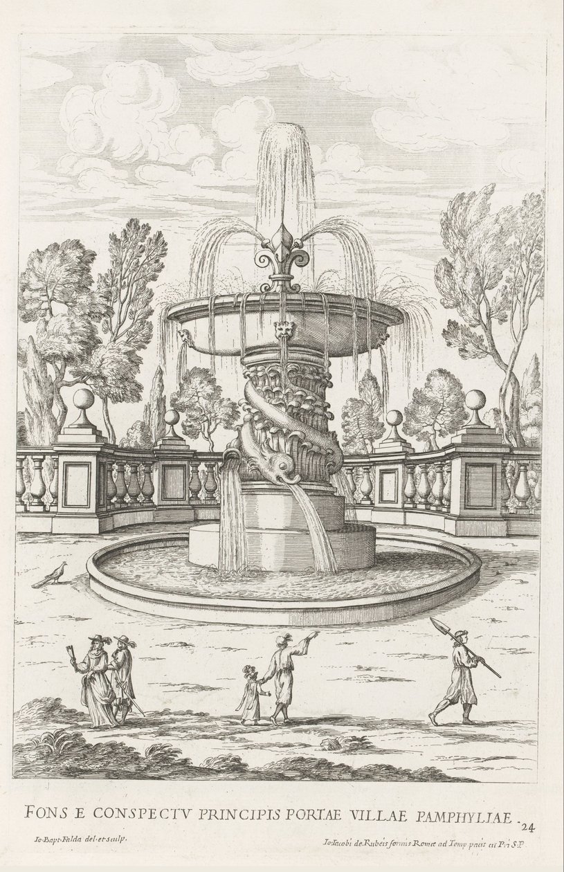 Fontana con delfini nei giardini di Villa Doria Pamphilj a Roma da Giovanni Battista Falda