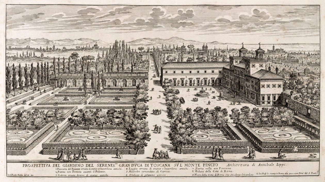Prospettiva dei giardini di Villa Medici a Roma, incisione da 