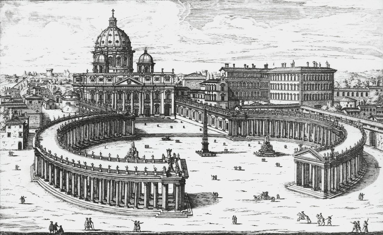 Città del Vaticano, vista di Piazza San Pietro con la Basilica di San Pietro e i Palazzi Vaticani, incisione di Giovanni Battista Falda. 1665 da Giovanni Battista Falda