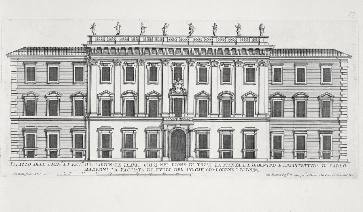 Vista della facciata di Palazzo Chigi, Roma, progettato da Matteo di Castello, Carlo Maderno (1556-1629) e Giovanni Bernini (1598-1680) da Giovanni Battista Falda