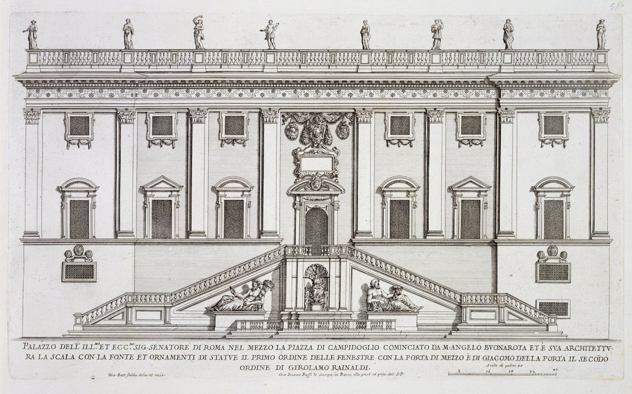 Vista della facciata di Palazzo Senatorio in Piazza del Campidoglio, Roma, iniziato da Michelangelo Buonarroti (1475-1564) e completato da Girolamo Rainaldi (1570-1655) da Giovanni Battista Falda