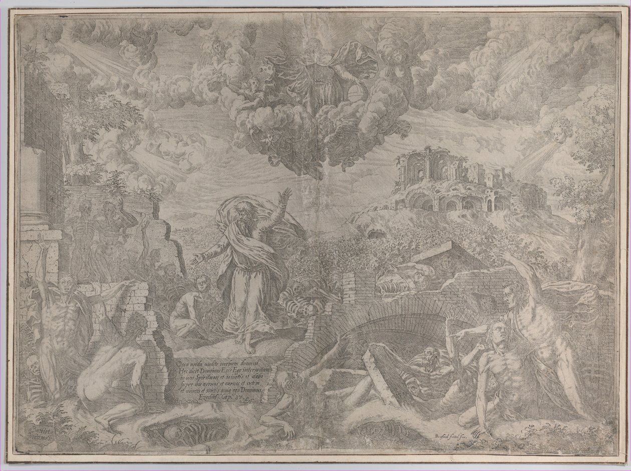 La visione di Ezechiele, con i morti che risorgono e rivestono la loro carne, Dio Padre sopra, 1579 da Giovanni Battista Fontana
