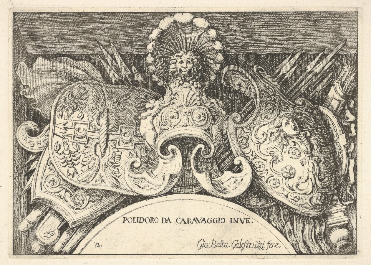 Tavola 2: trofei di armi romane dalle decorazioni sopra le finestre al secondo piano... da Giovanni Battista Galestruzzi