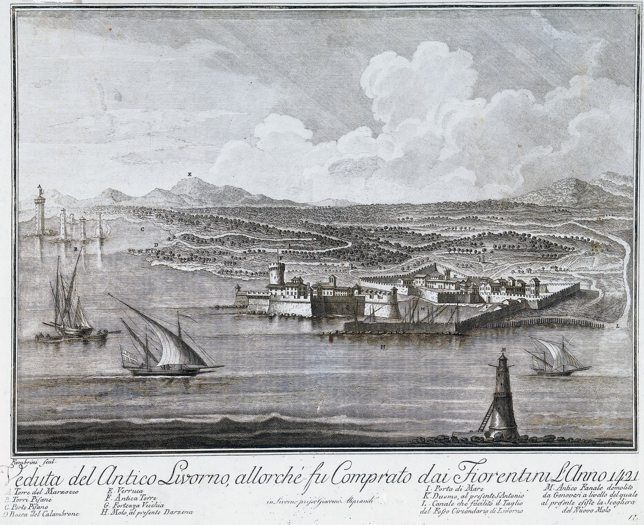 Veduta del porto di Livorno quando fu acquistato dai fiorentini nel 1421, incisione dalla Collezione delle migliori vedute della Città e del Porto di Livorno da Giovanni Battista Guerazzi