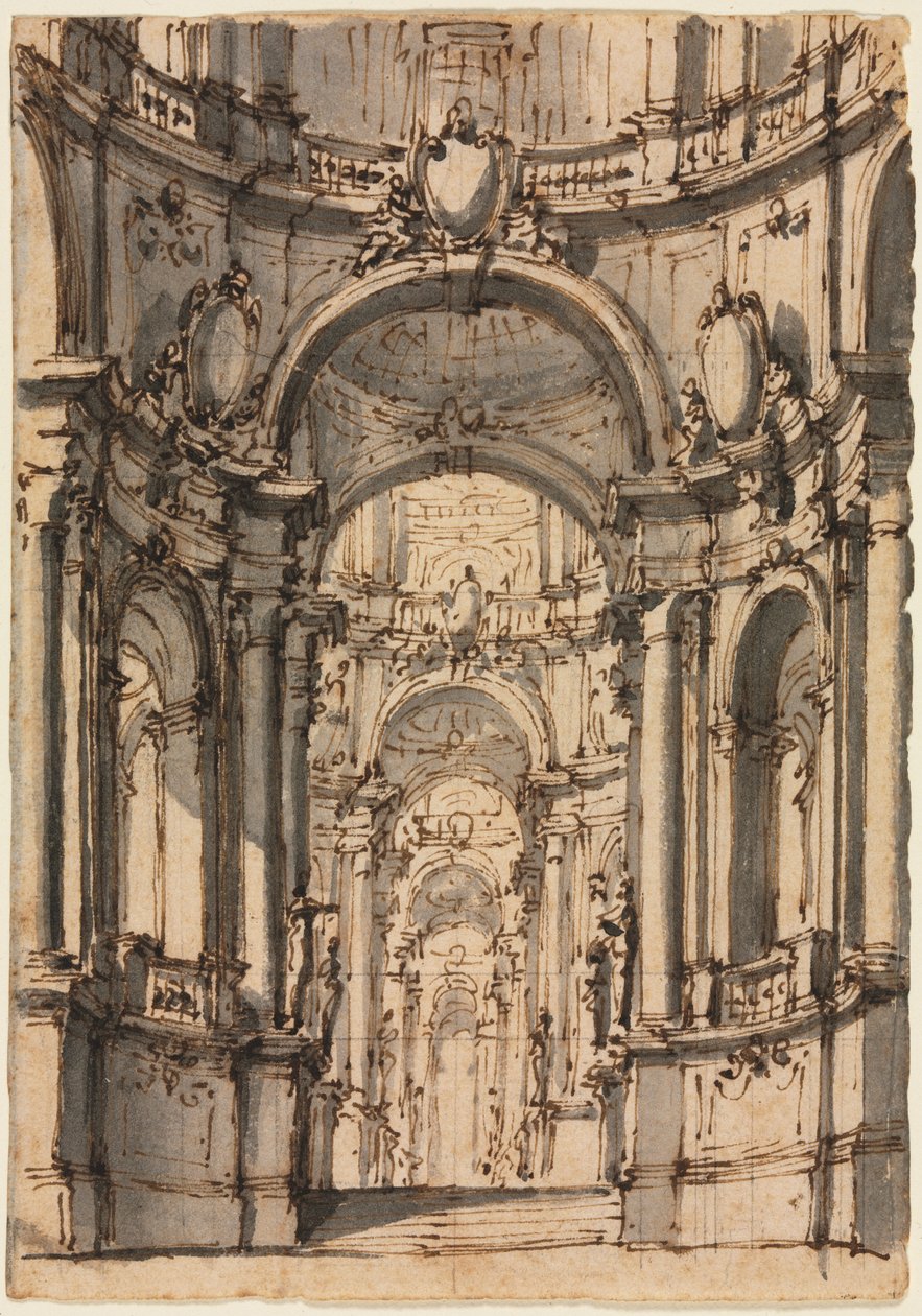 Progetto per un set scenico: Interno di un palazzo con arcate, metà del 1700 da Giovanni Battista III Natali