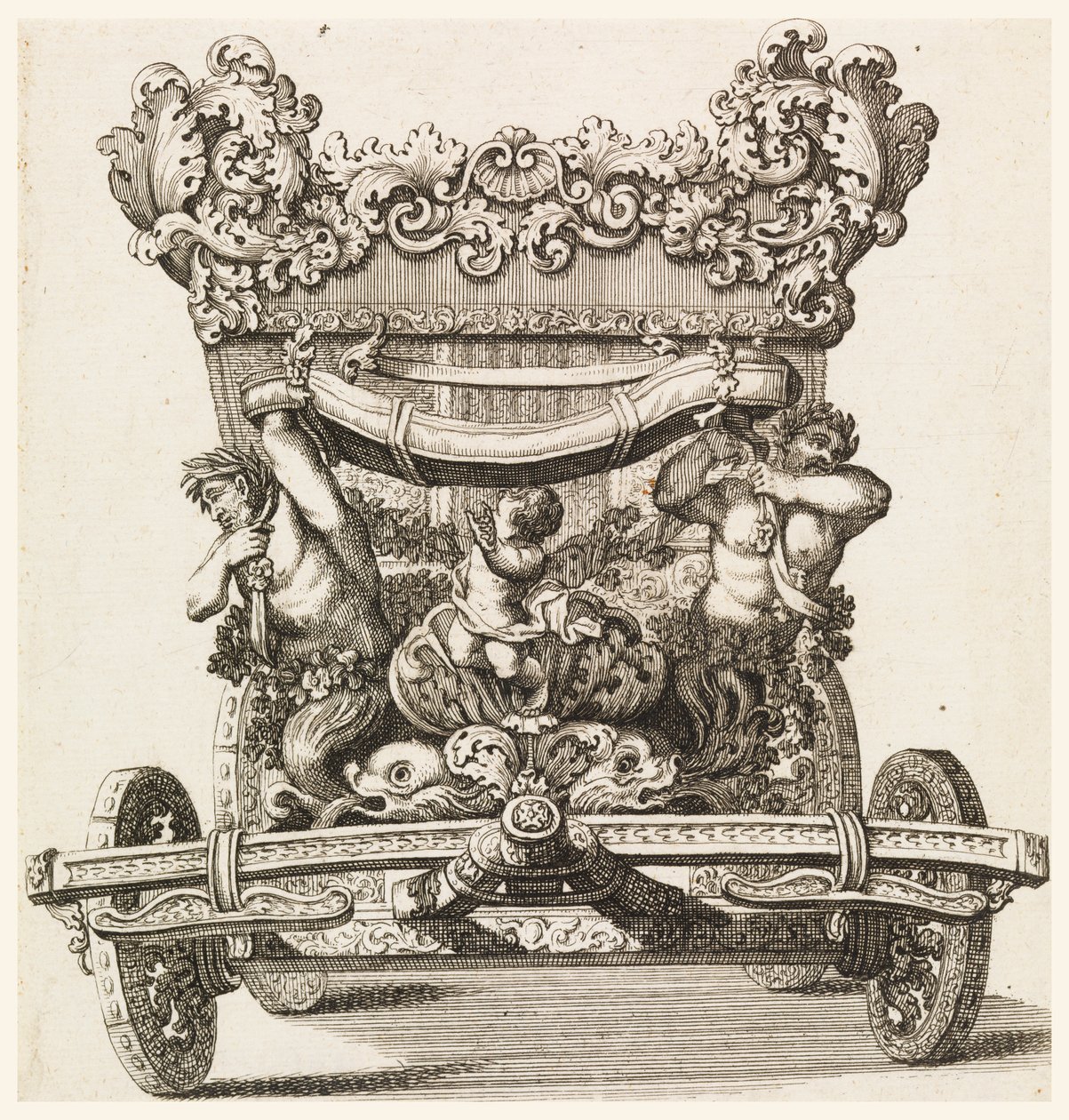 Vista frontale della prima carrozza (1686 di Lord Castlemaine di Andrea Cornelly dopo Ciro Ferri, 1687-1700 da Giovanni Battista Lenardi