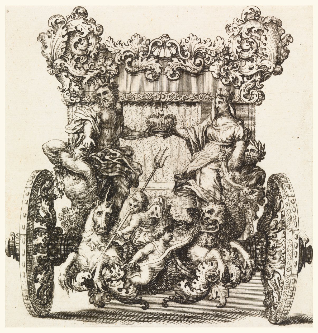 Vista posteriore della prima carrozza di Lord Catelmaine costruita nel 1686 da Andrea Cornely dopo Ciro Ferri (1634-1689) da Giovanni Battista Lenardi