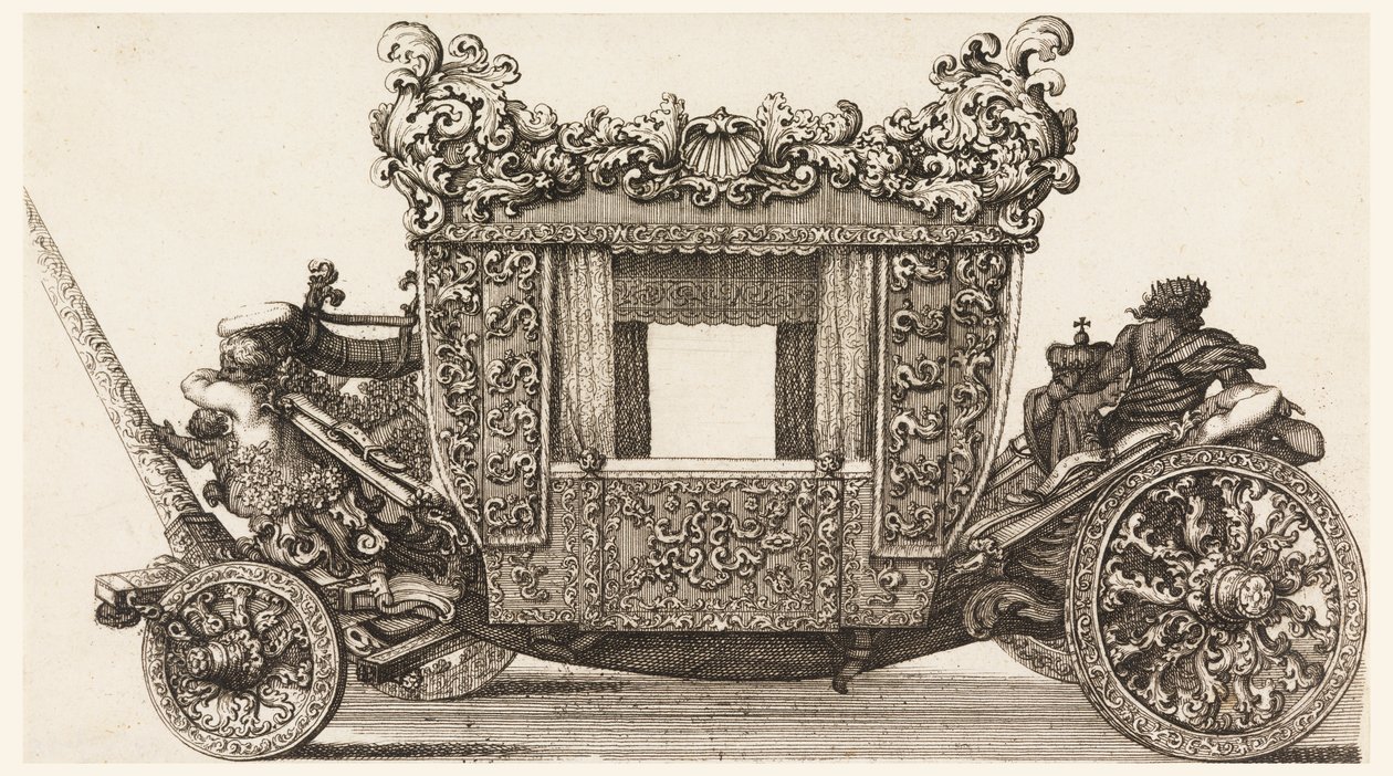 Vista laterale della prima carrozza (1686) di Lord Castelmaine costruita nel 1686 da Andrea Cornely dopo Ciro Ferri, 1687-1700 da Giovanni Battista Lenardi