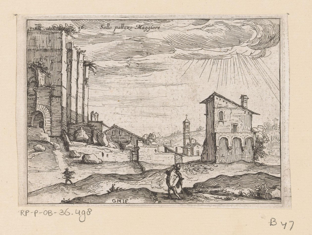 Rovine del Palazzo Maggiore a Roma e edifici nei dintorni (Sallo pallazo Maggiore) (Vedute di Roma) (Alcune vedute et prospettive di luoghi disabitati di Roma) da Giovanni Battista Mercati