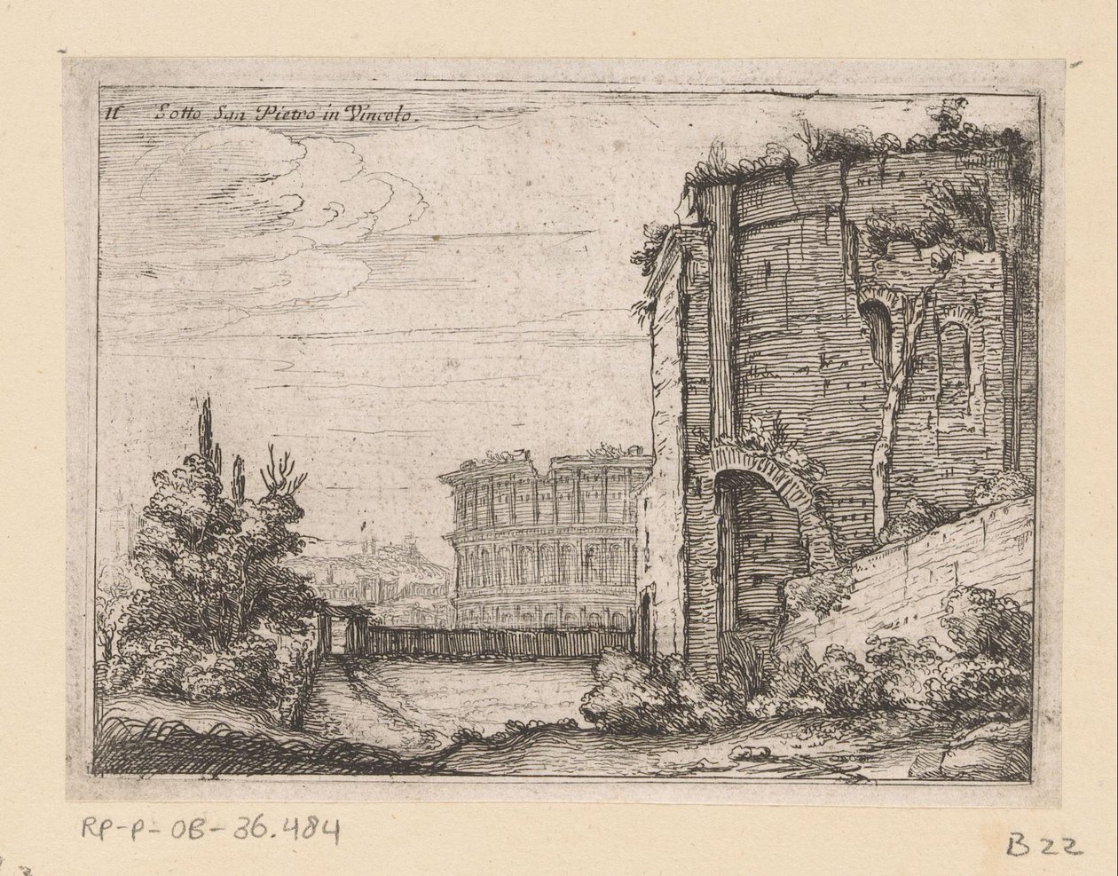 Rovine di un edificio antico e il Colosseo a Roma (serie di vedute di Roma) da Giovanni Battista Mercati