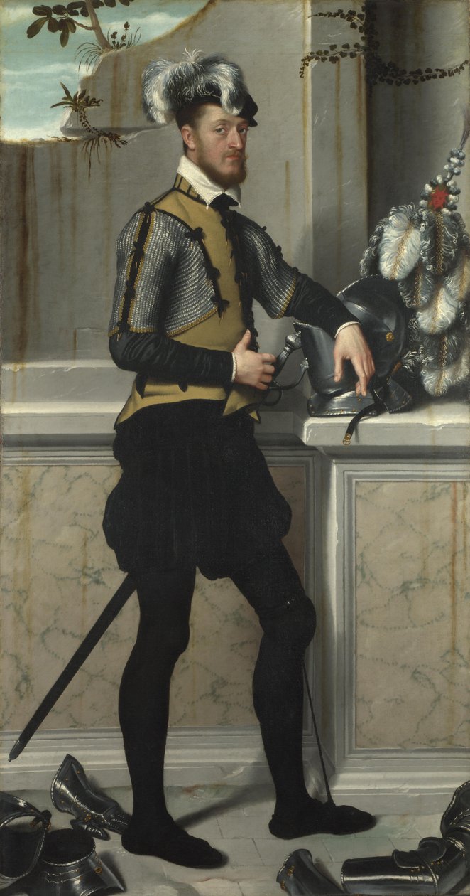 Un cavaliere con il suo elmo da giostra Il Cavaliere dal Piede Ferito, Conte Faustino Avogadro, ca 1554 da Giovanni Battista Moroni