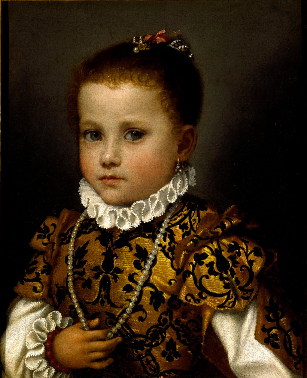 Ritratto di una bambina. Una bambina riccamente vestita in un abito di broccato, indossa una collana di perle e un colletto a gorgiera da Giovanni Battista Moroni