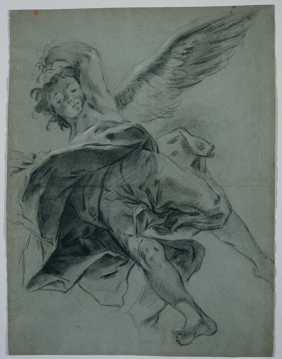 Un angelo volante recto, studi di mani che suonano strumenti verso da Giovanni Battista Piazzetta