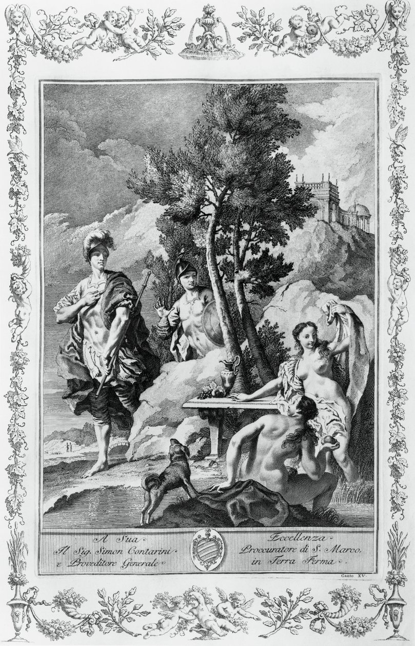 Carlo e Ubaldo nelle Isole Felici, incisione, di Giovanni Battista Piazzetta per il Canto XV della Gerusalemme Liberata, di Torquato Tasso, edizione di Giovanni Battista Albrizzi, Venezia, Italia da Giovanni Battista Piazzetta