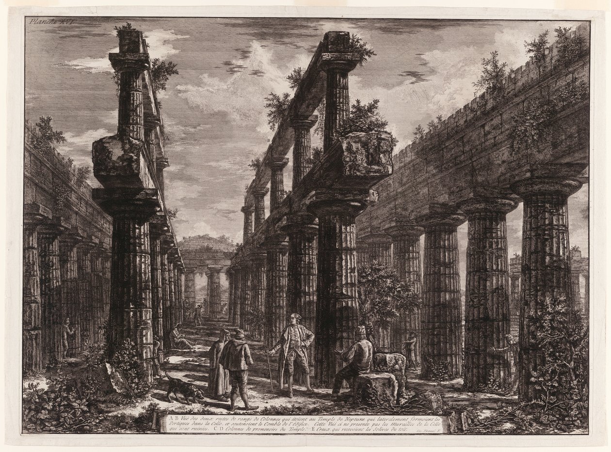 Vista dei resti delle due file di colonne nel Tempio di Nettuno che originariamente formavano i colonnati lungo i lati della cella e sostenevano la parte superiore del tetto, da Diverse vedute di Paestum da Giovanni Battista Piranesi