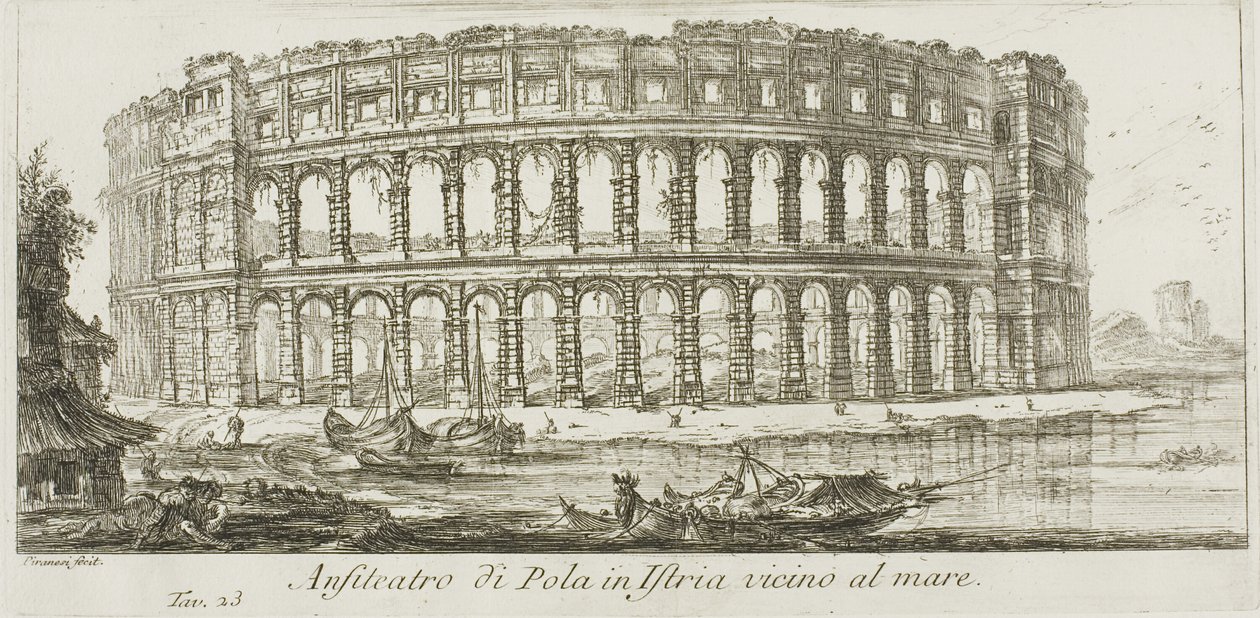 Anfiteatro di Pola in Istria vicino al mare, tavola 23 da Alcune vedute di archi trionfali e altri monumenti da Giovanni Battista Piranesi