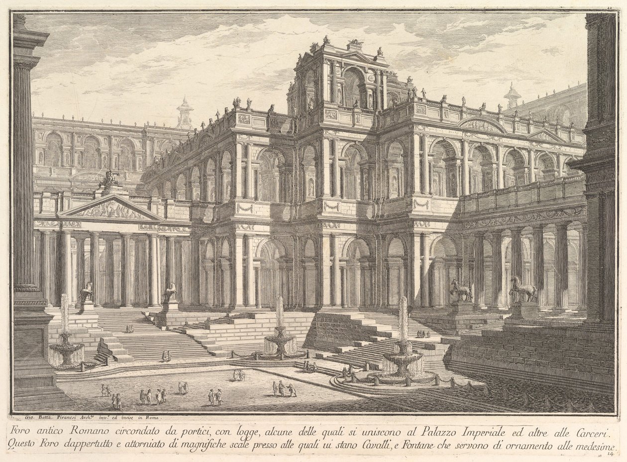 Antico foro romano circondato da portici, con logge, alcune delle quali comunicano con ..., ca. 1750 da Giovanni Battista Piranesi