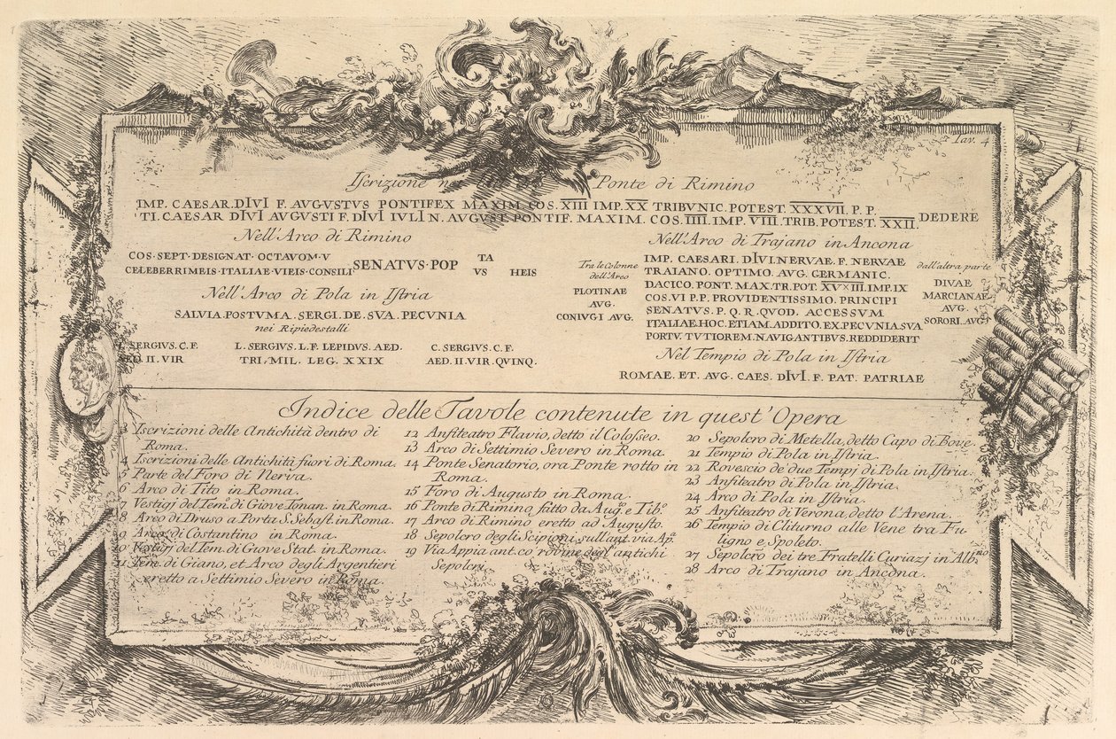 Iscrizione nei lati del Ponte di Rimino, ca. 1748 da Giovanni Battista Piranesi