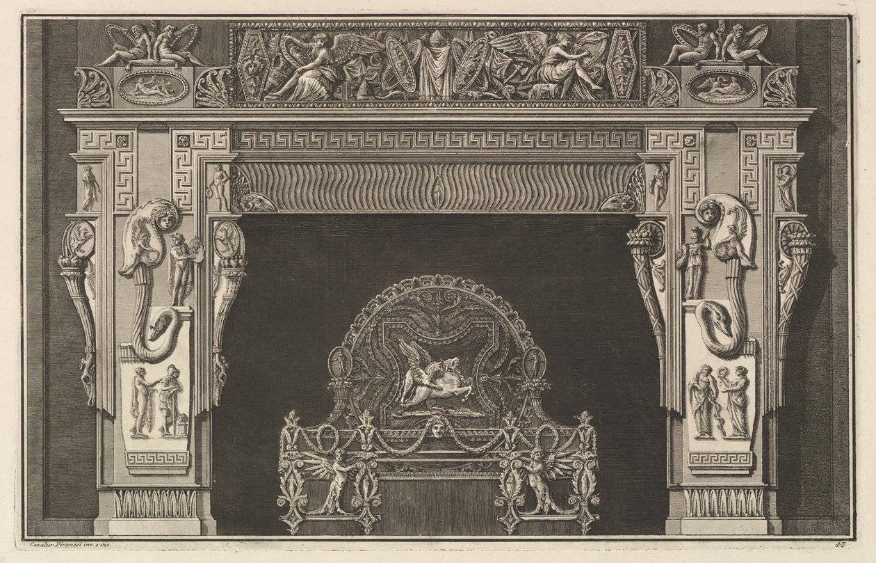 Camino: fregio di trofei e Vittorie alate sul architrave, con cornucopie da Giovanni Battista Piranesi