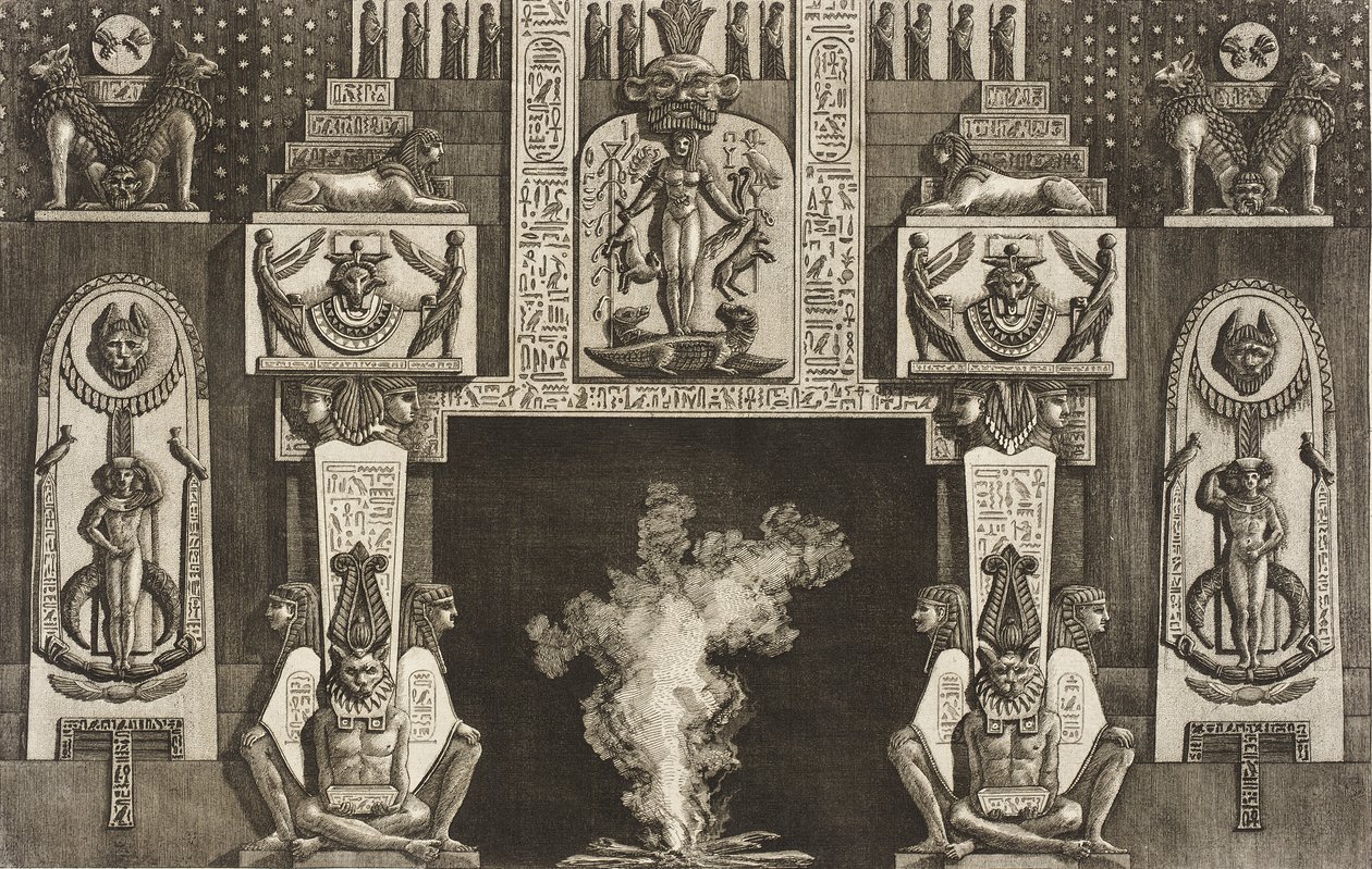 Camino in stile egizio: gruppi di tre figure accovacciate su ciascun montante da Giovanni Battista Piranesi