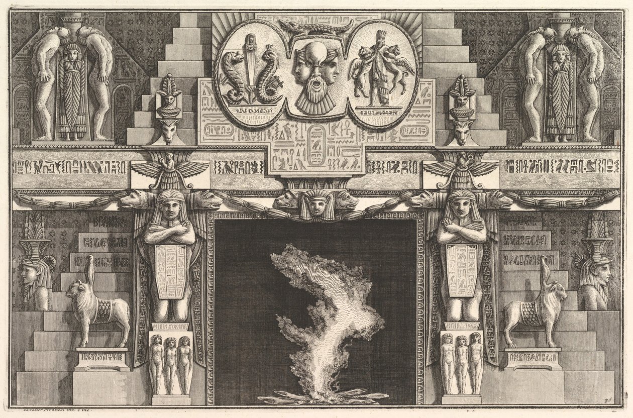 Camino in stile egiziano: Gruppi di tre nudi femminili alla base di ciascuna da Giovanni Battista Piranesi