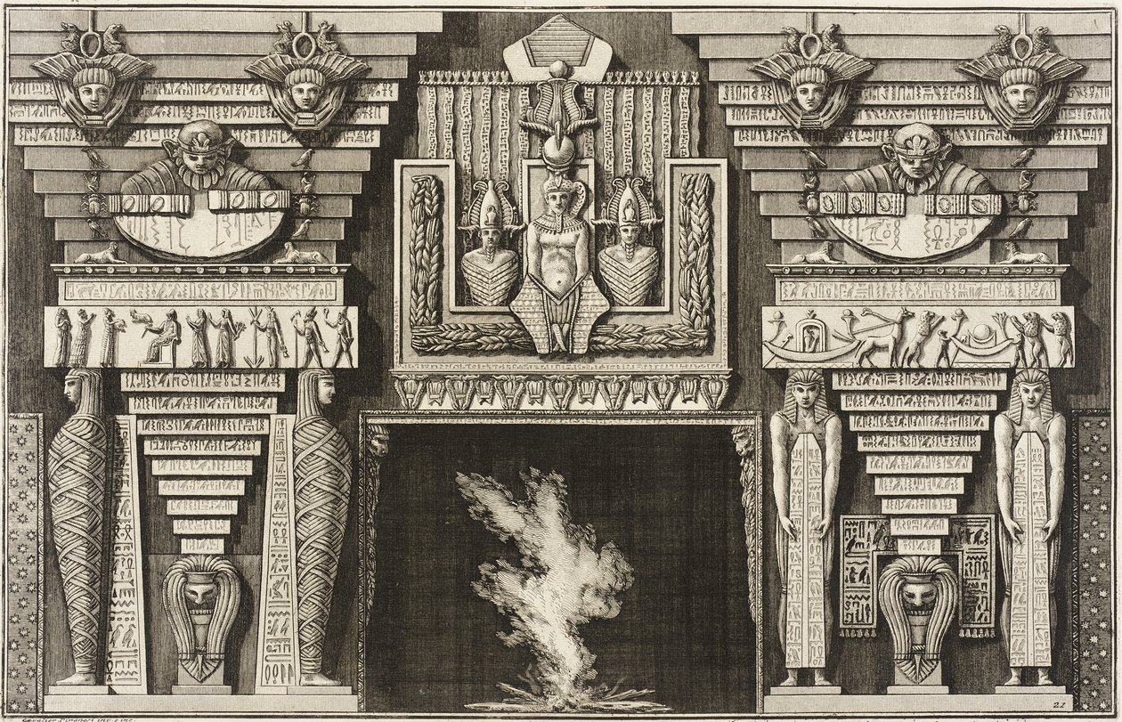 Camino in stile egizio: due mummie di profilo a sinistra e due figure che portano obelischi a destra. da Giovanni Battista Piranesi