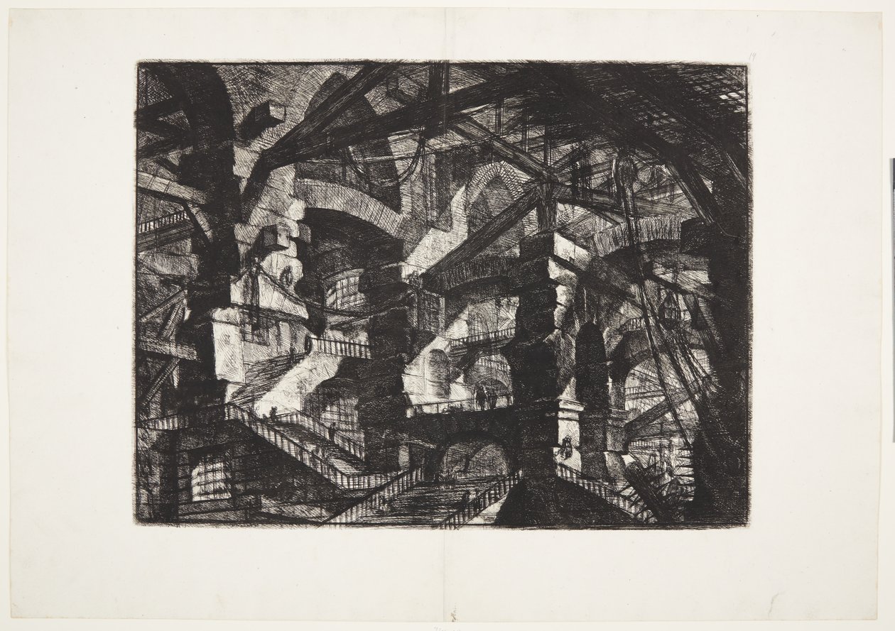 Gruppi complessi di archi in rovina interconnessi che sostengono travi e corde da Giovanni-Battista Piranesi