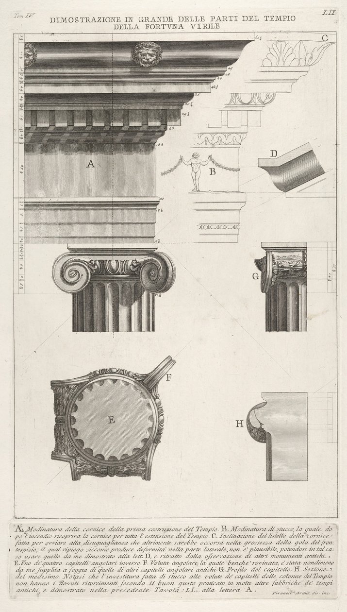 Cornice e colonna del Tempio della Fortuna Virile, da Varie vedute da Giovanni Battista Piranesi