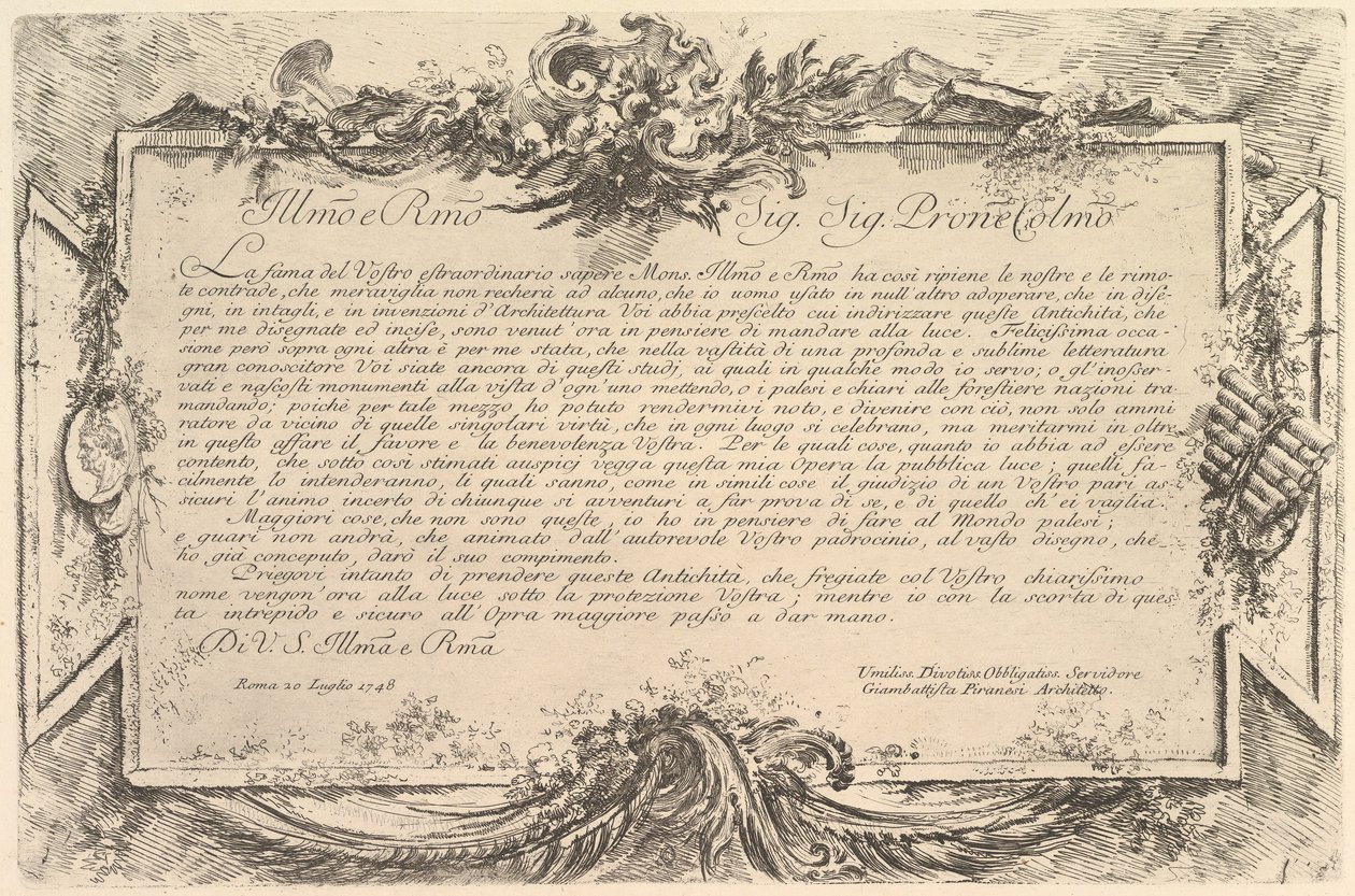Dedica a Giovanni Bottari, ca. 1748 da Giovanni Battista Piranesi