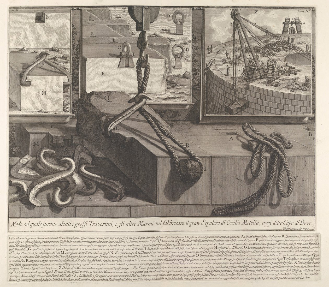 Pannello dimostrativo della tecnica per sollevare blocchi di travertino e marmo per la costruzione, 1756 da Giovanni Battista Piranesi