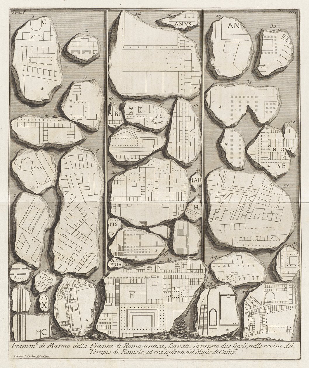Frammenti di marmo della pianta di Roma antica da Giovanni Battista Piranesi