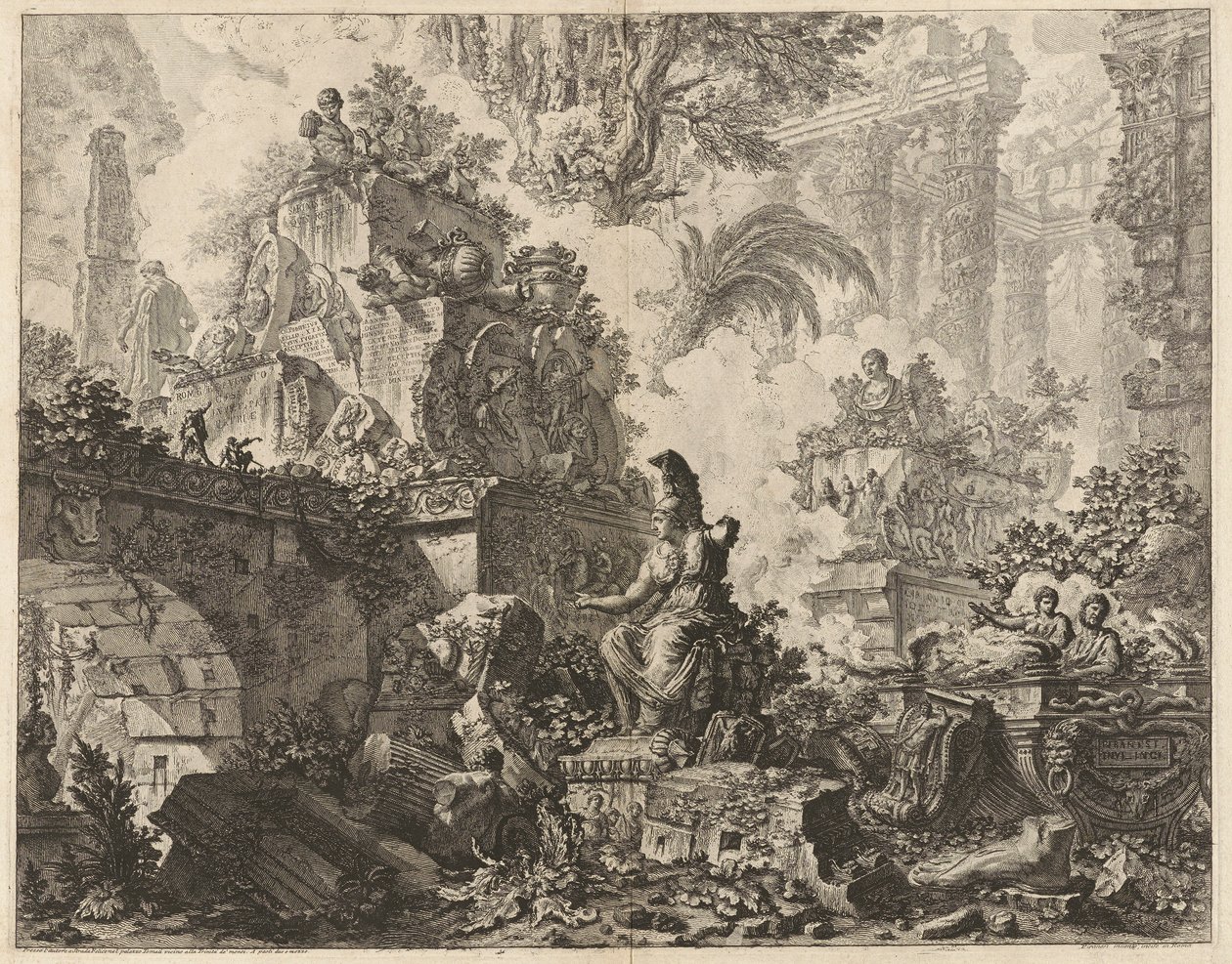 Frontespizio, Fantasia di rovine con una statua di Minerva in primo piano, dalla serie Vedute di Roma da Giovanni Battista Piranesi