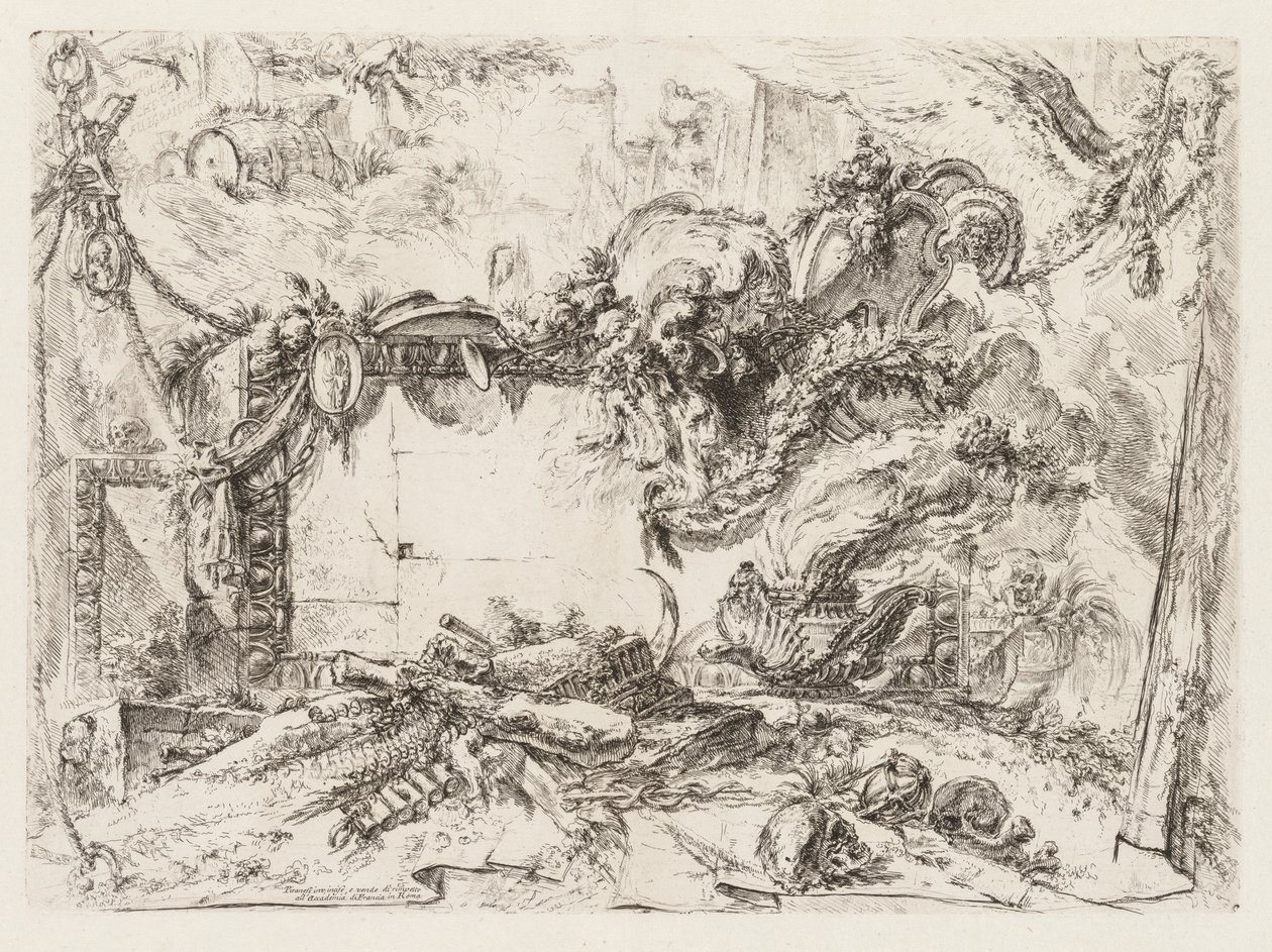Groteschi: Rovine con teschi e un vaso fumante, ca. 1745-50 da Giovanni Battista Piranesi