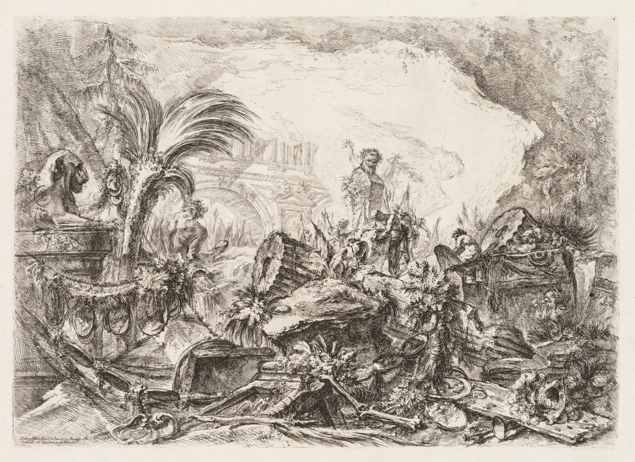 Groteschi: Rovine con statua di un fauno e una colonna caduta da Giovanni Battista Piranesi