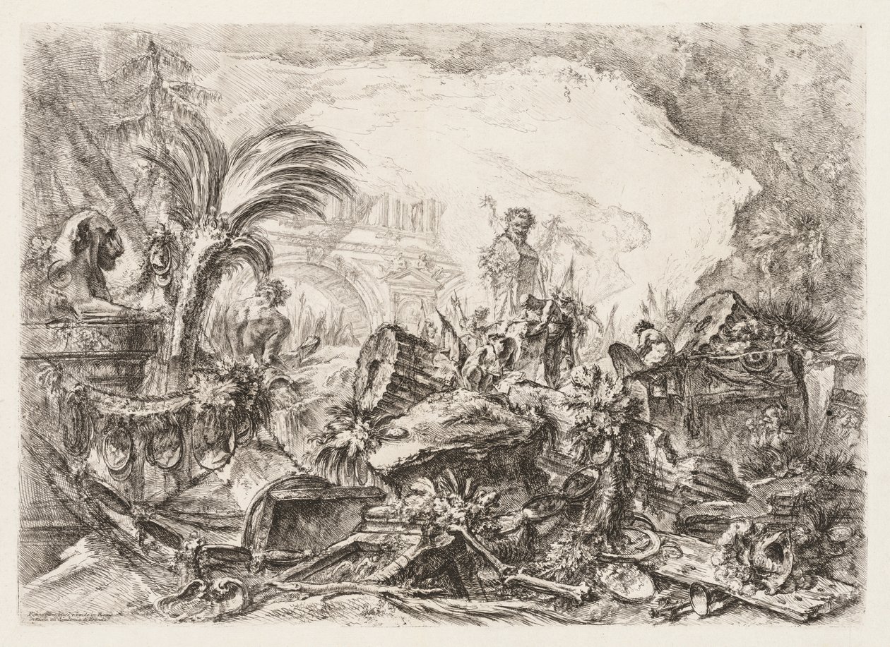 Groteschi: Rovine con una statua di un fauno e una colonna caduta da Giovanni Battista Piranesi
