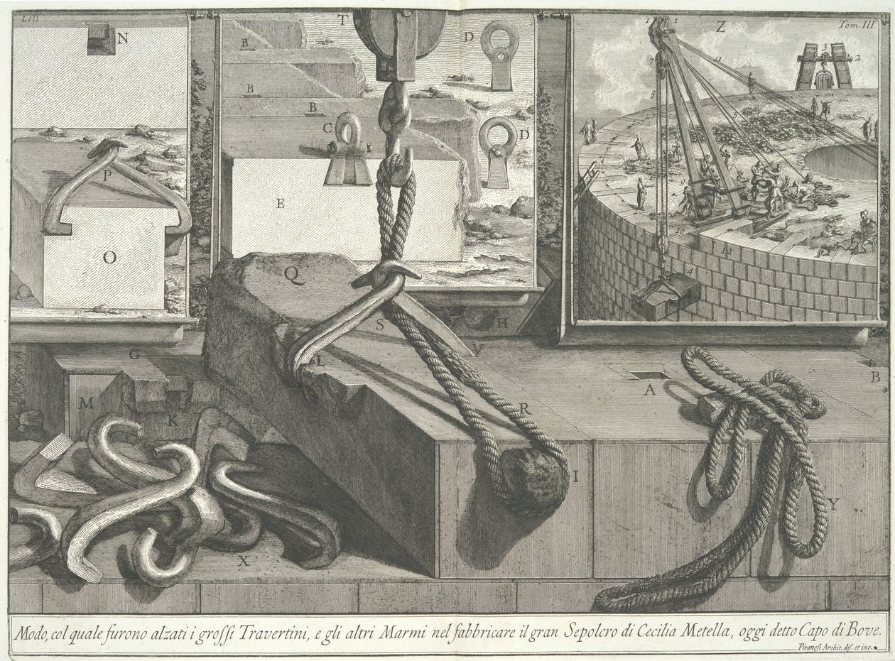 Mezzi con cui venivano sollevati i grandi blocchi di travertino e marmo..., 1756-57 da Giovanni Battista Piranesi
