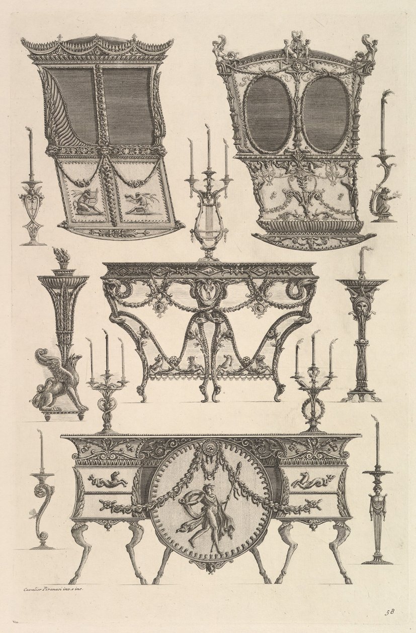 Mobili vari tra cui due sedie a portantina, un tavolino e un comò da Giovanni Battista Piranesi