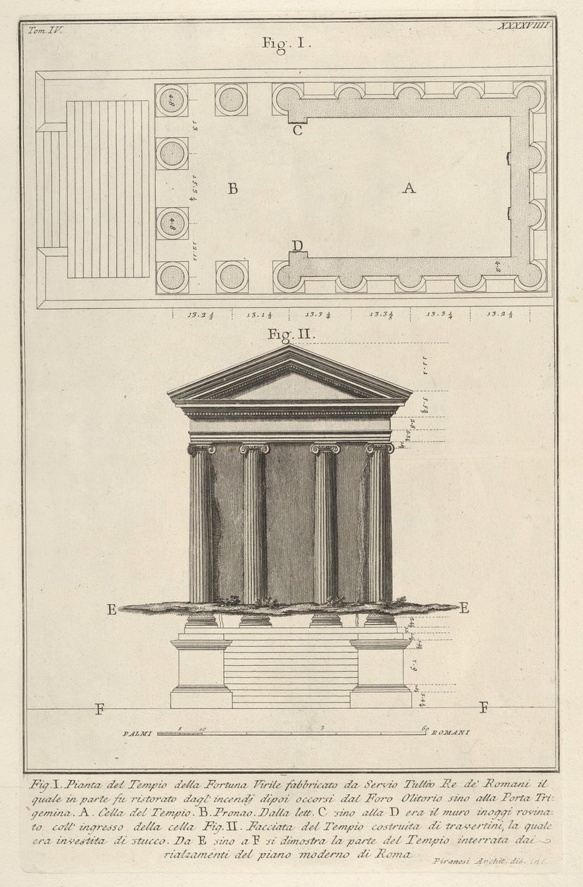 Piano e facciata del Tempio della Fortuna Virile, dalla s..., 1756 da Giovanni Battista Piranesi