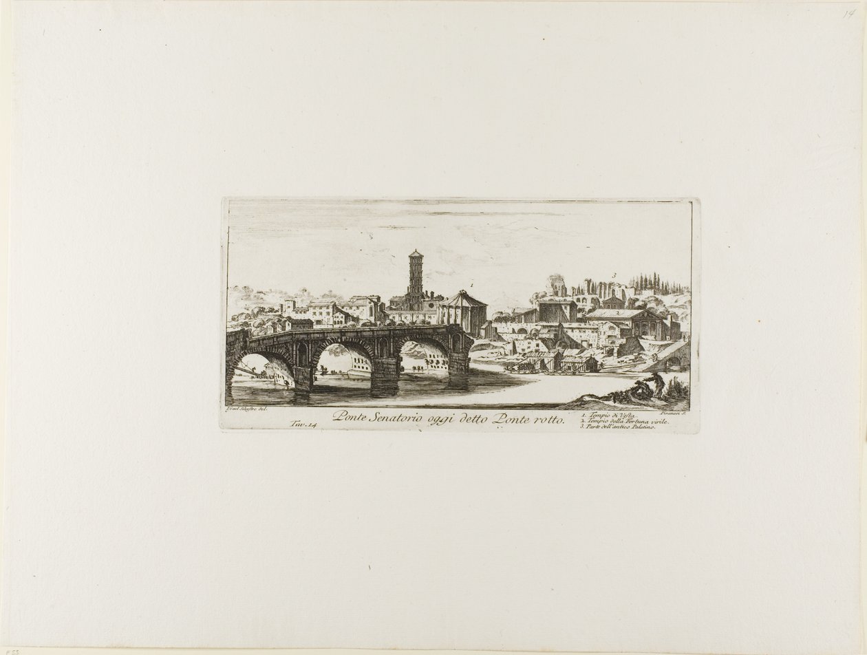 Ponte Senatorio, oggi chiamato Ponte Rotto. 1. Tempio di Vesta. 2. Tempio della Fortuna Virilis. 3. Parte dell
