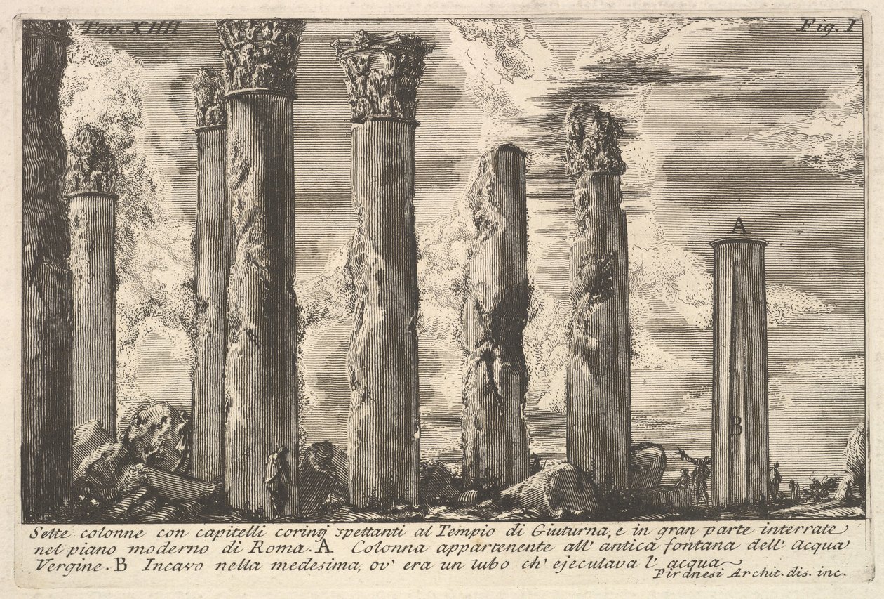Sette colonne del Tempio di Giuturna con capitelli corinzi da Giovanni-Battista Piranesi