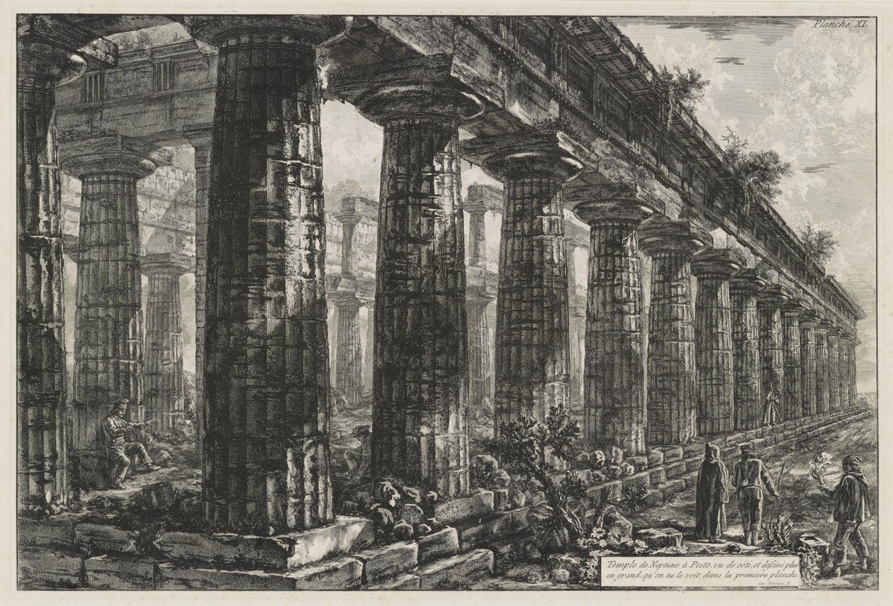 Tempio di Nettuno a Paestum, visto di lato e disegnato su scala maggiore di quanto appaia nella prima tavola, da Différentes vues de ... Pesto (Differen da Giovanni Battista Piranesi