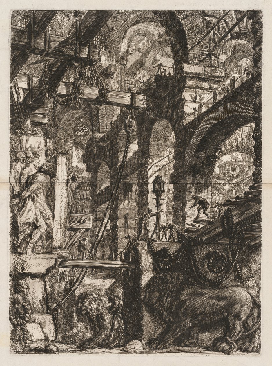Le prigioni: una prospettiva di archi romani, con due leoni scolpiti in rilievo..., 1745-50 da Giovanni Battista Piranesi