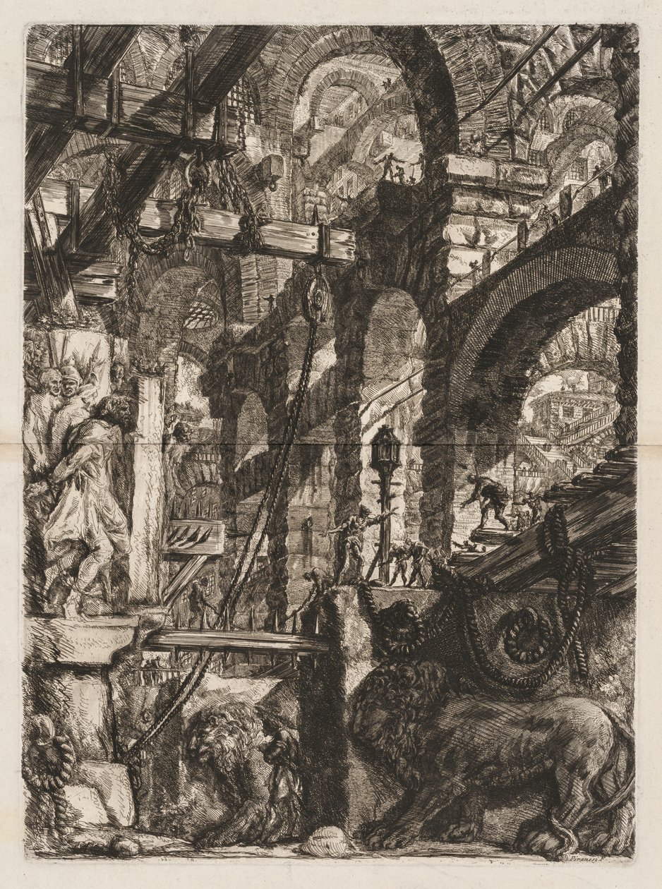 Le Prigioni: Una prospettiva di archi romani, con due leoni scolpiti in rilievo su lastre di pietra in primo piano da Giovanni Battista Piranesi