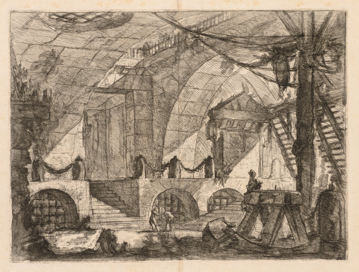 Le Prigioni: Una camera ad arco con pali e catene da Giovanni Battista Piranesi