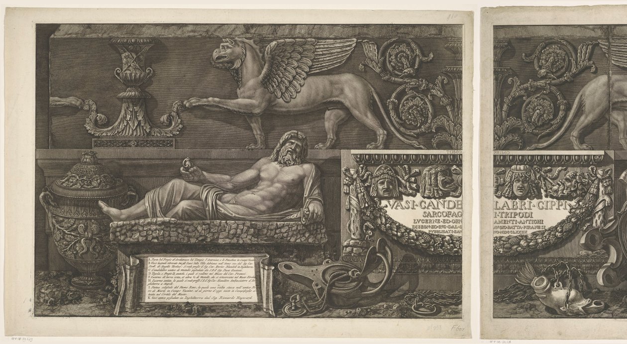 Frontespizio con sculture, rilievi scolpiti e un sarcofago con titolo Vasi, candelabri, cippi, sarcofagi, tripodi, lampade e ornamenti progettati e incisi da Giovanni Battista Piranesi (titolo della serie) da Giovanni Battista Piranesi